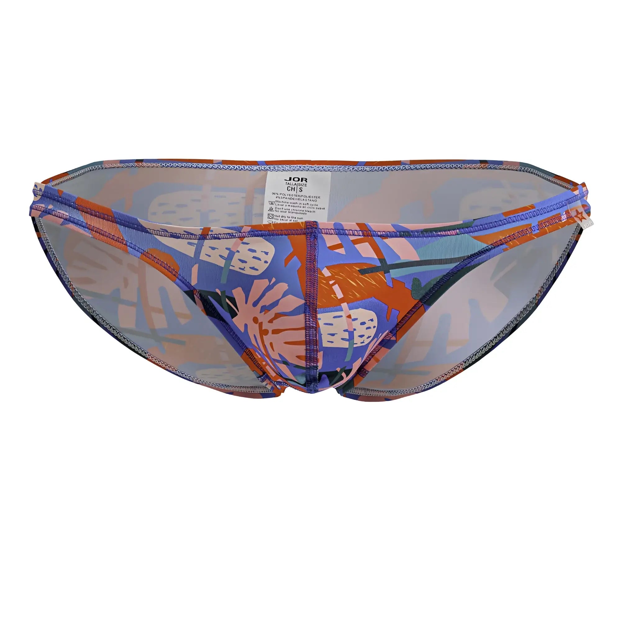 Jor 2270 south bikini bottom with blue and orange abstract print and sheer mesh panels showing the back side