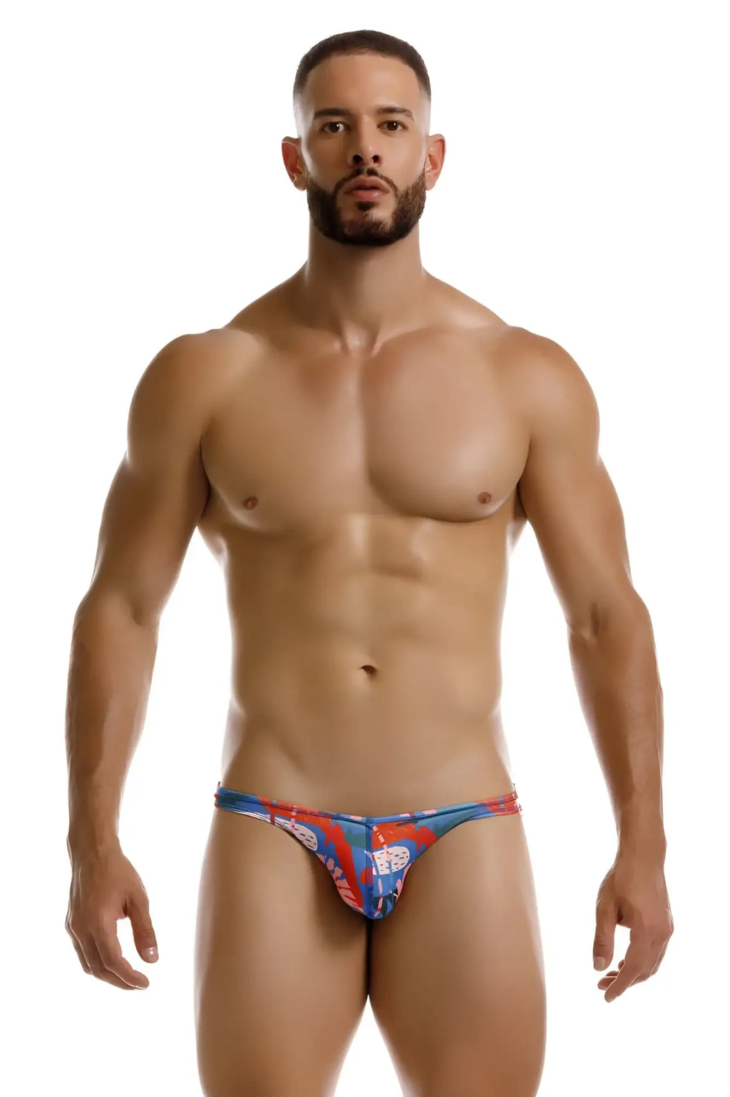 Blue and red patterned men’s thong with bold graphic design from jor 2270 south bikini color printed collection