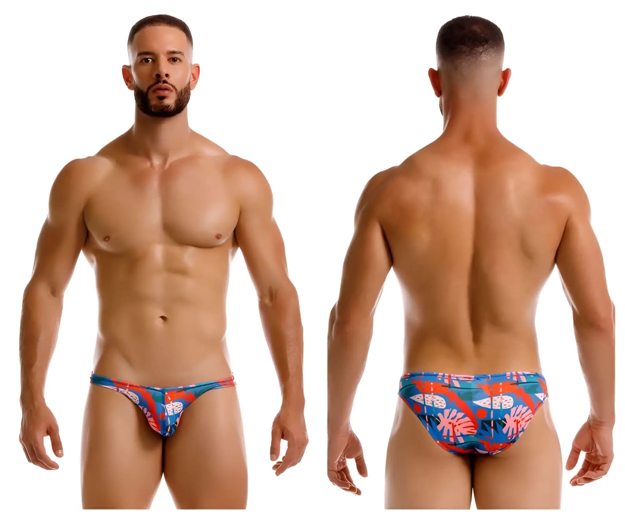 Jor 2270 south bikini color printed swim trunks in vibrant blue and red with bold tropical pattern design