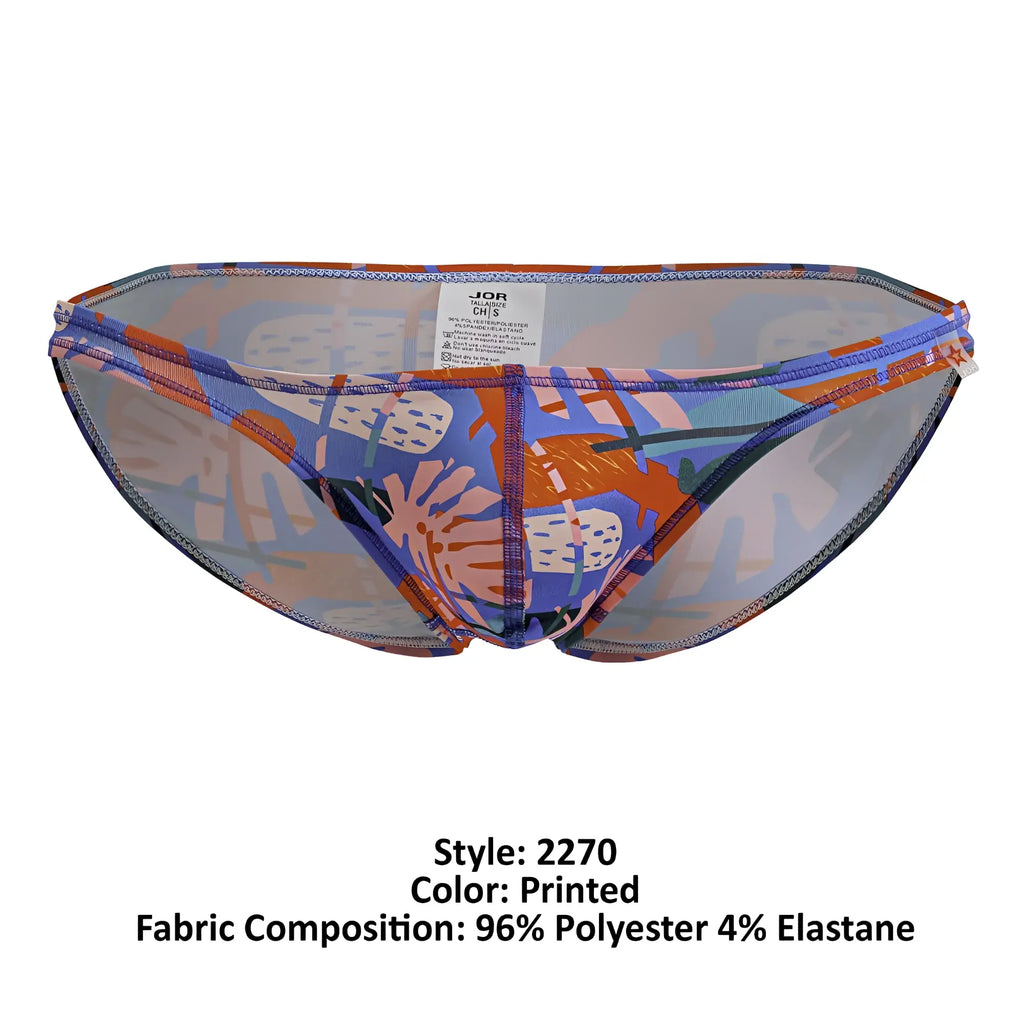 Jor 2270 south bikini color printed men’s brief with bold blue orange pink abstract pattern on sheer mesh base