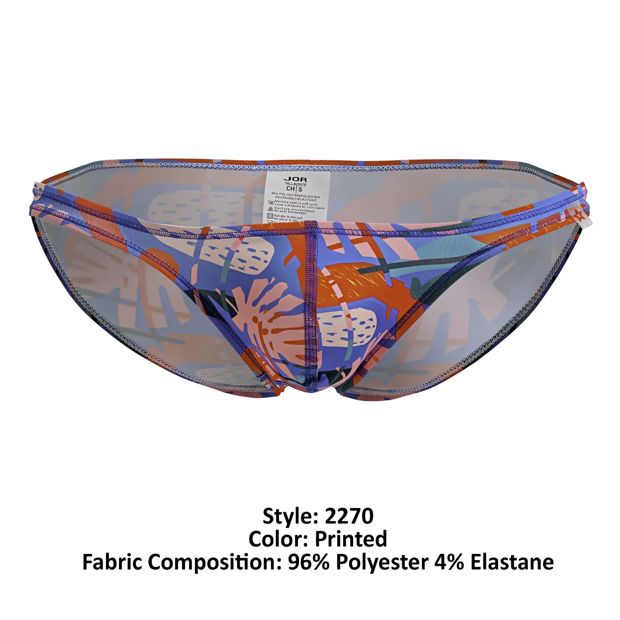 Jor 2270 south bikini color printed men’s brief with bold blue orange pink abstract pattern on sheer mesh base