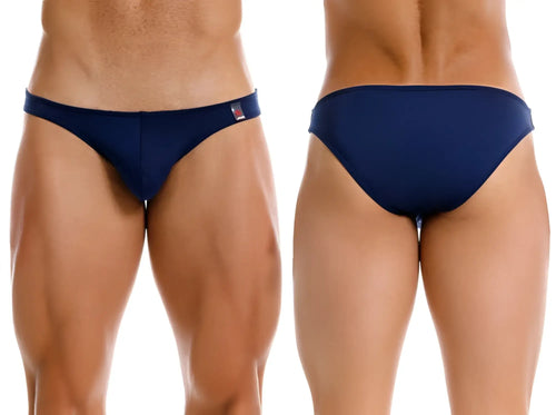 Navy blue jor 2273 travel swim bikini briefs with small red and white logo on waistband for swimwear use
