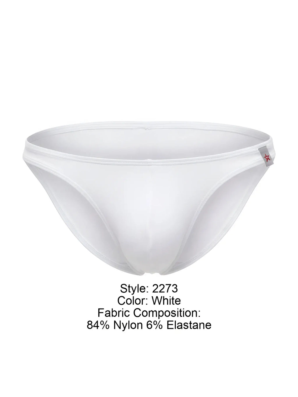 White men’s briefs jor 2273 travel swim bikini in white made of 84 nylon 6 elastane with red star logo waistband