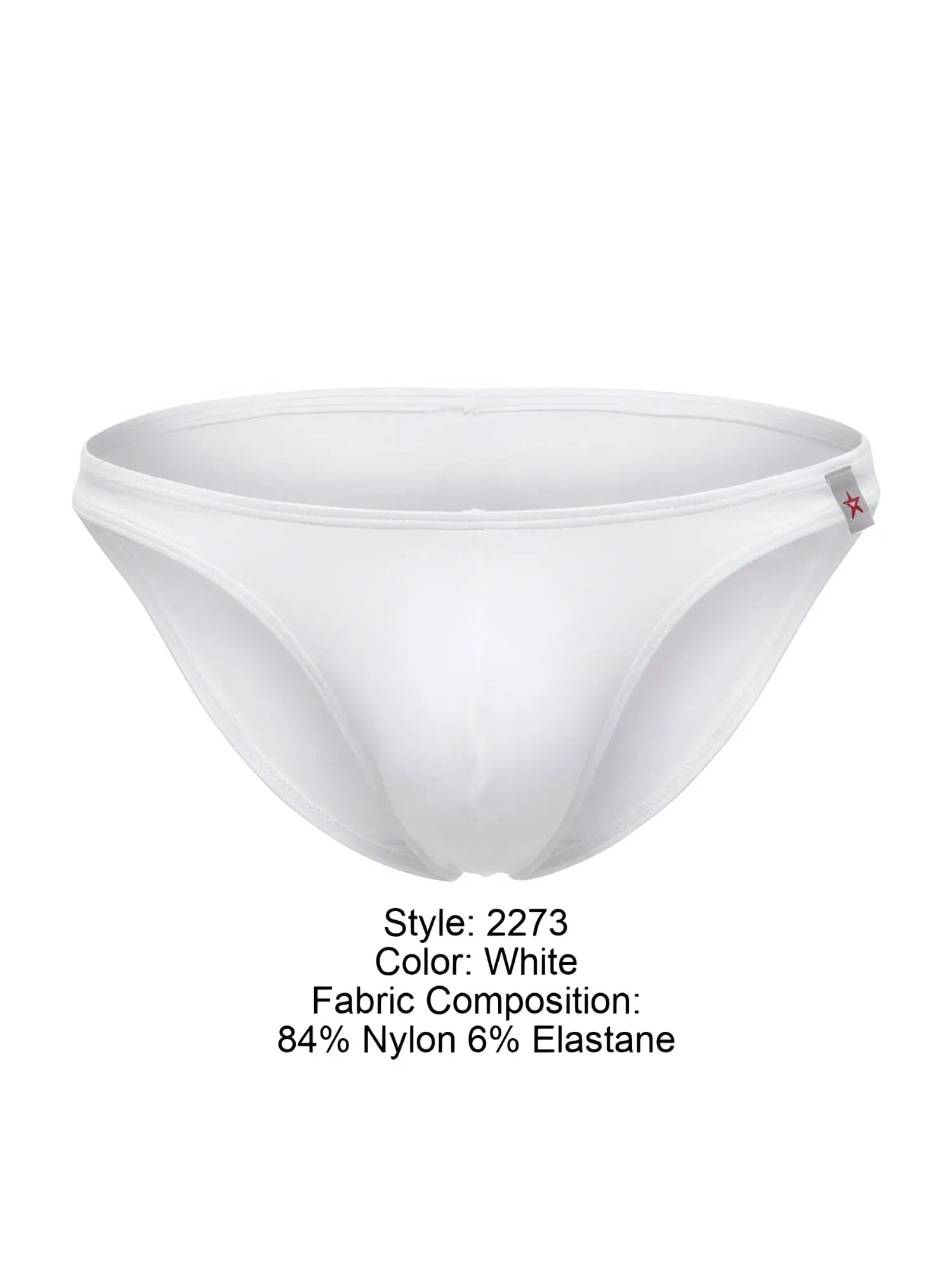 White men’s briefs jor 2273 travel swim bikini in white made of 84 nylon 6 elastane with red star logo waistband