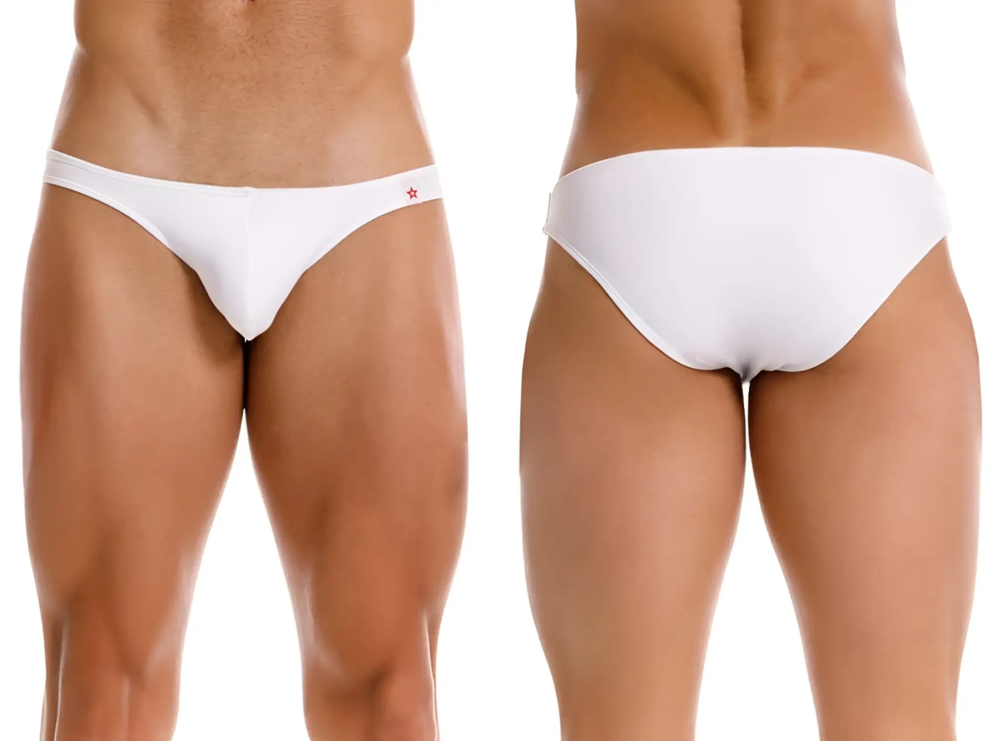 White jor 2273 travel swim bikini briefs with a small red star logo on the waistband for swim use