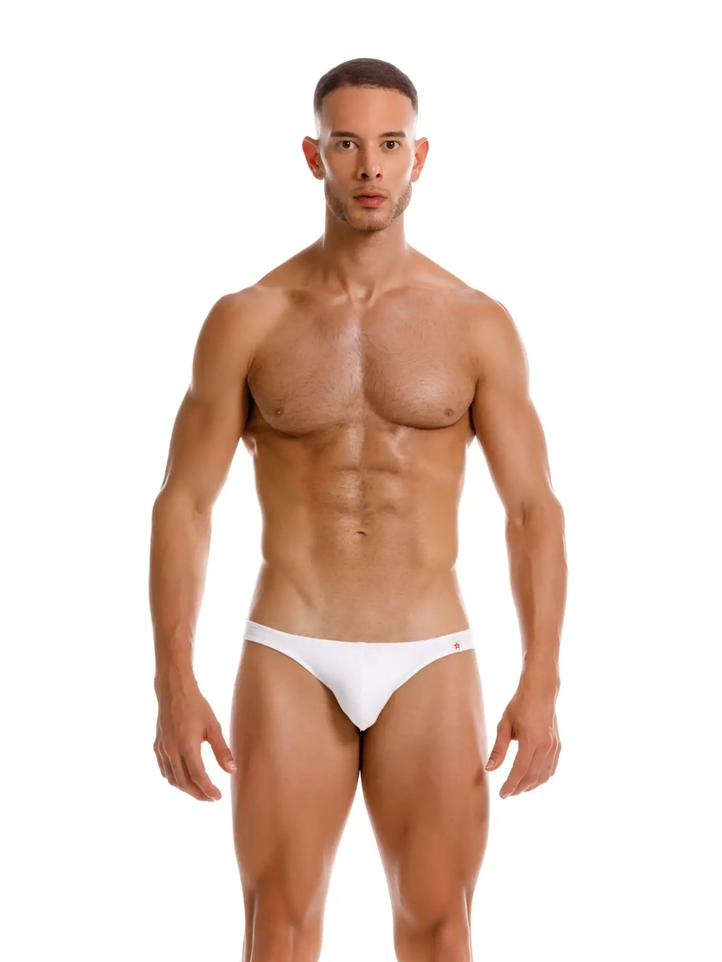 White jor 2273 travel swim bikini briefs with subtle red logo on waistband for swimwear use
