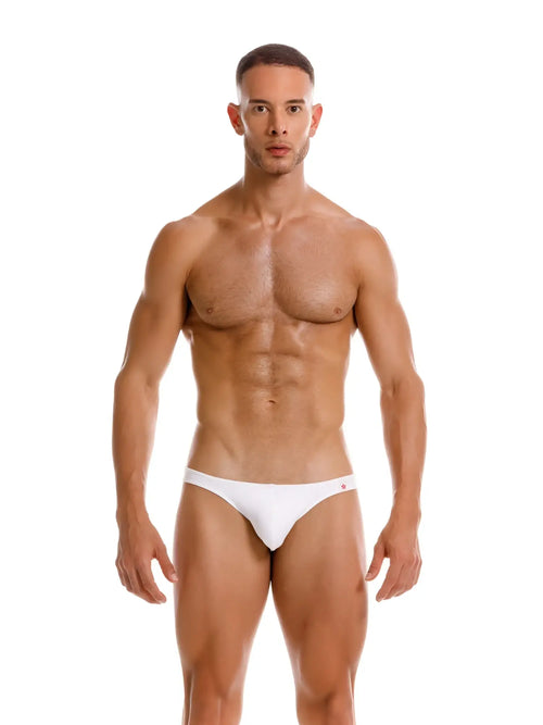 White jor 2273 travel swim bikini briefs with subtle red logo on waistband for swimwear use
