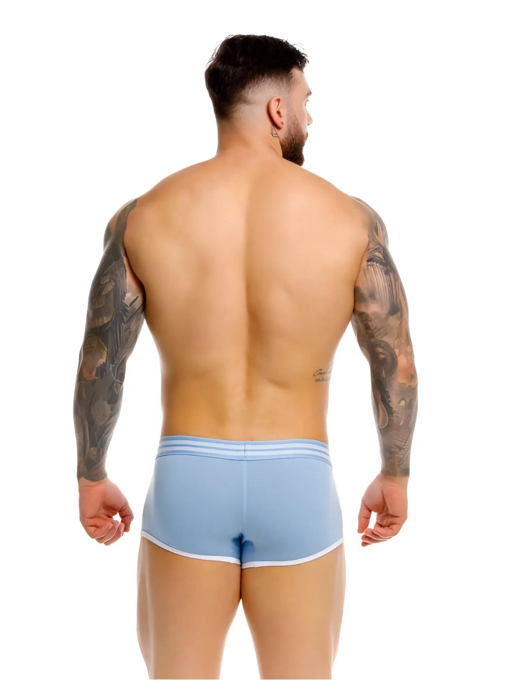 Jor 2320 college trunks light blue athletic briefs with white trim and three stripes on waistband for activewear