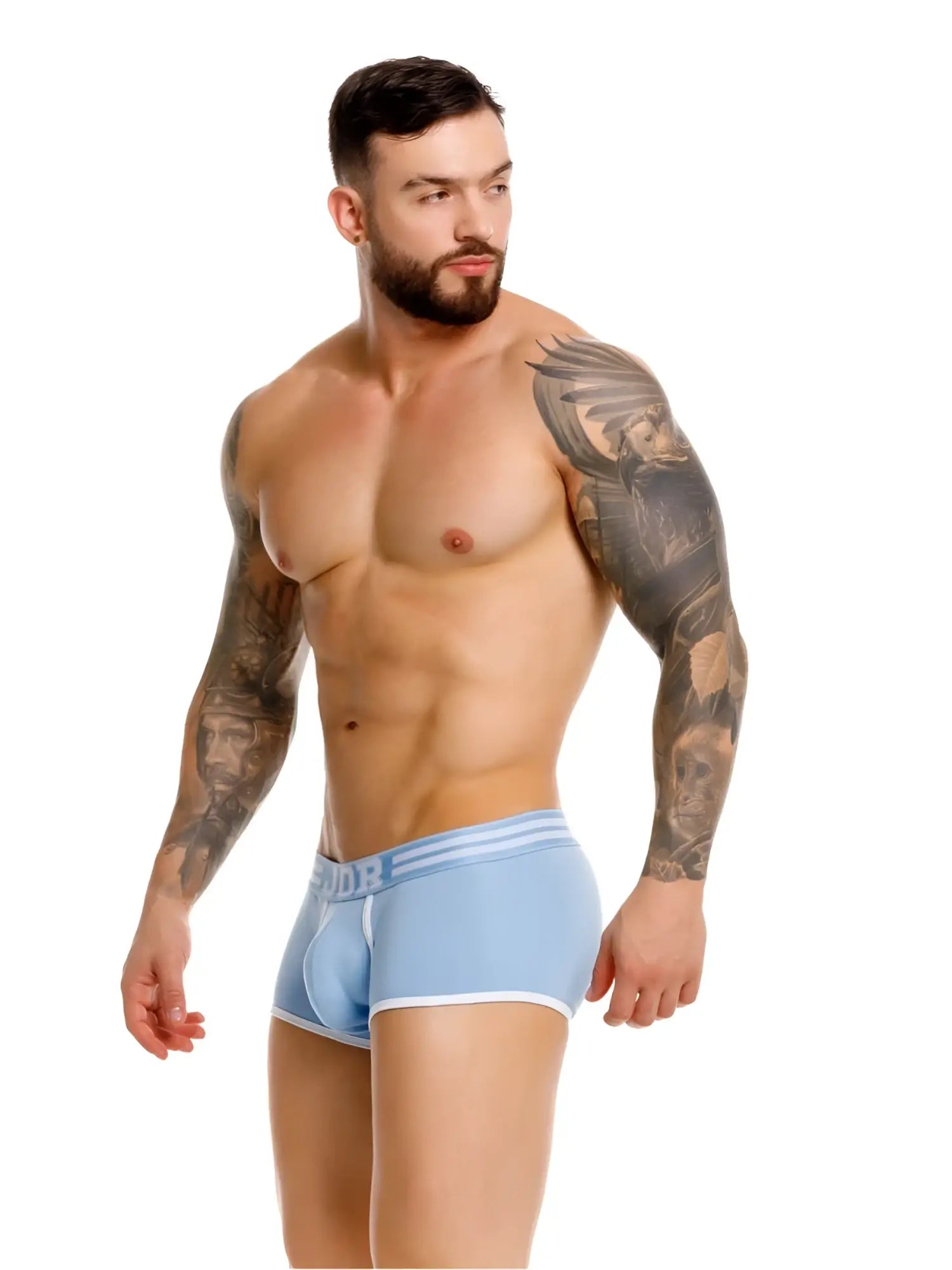 Light blue JOR 2320 College trunks athletic briefs with white trim and subtle logo on waistband for active wear