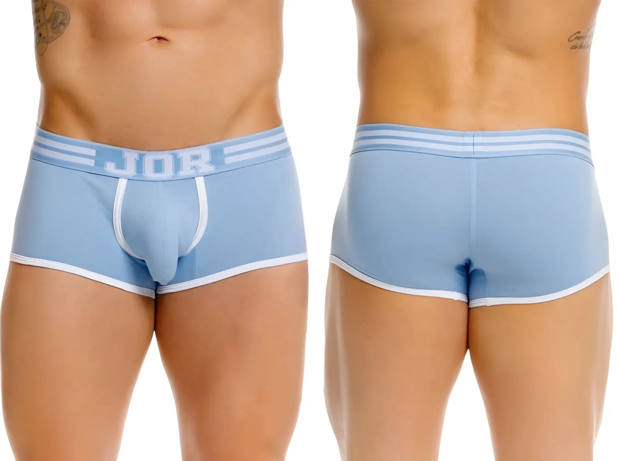 Light blue jor 2320 college trunks men’s briefs with white trim and three horizontal waistband stripes