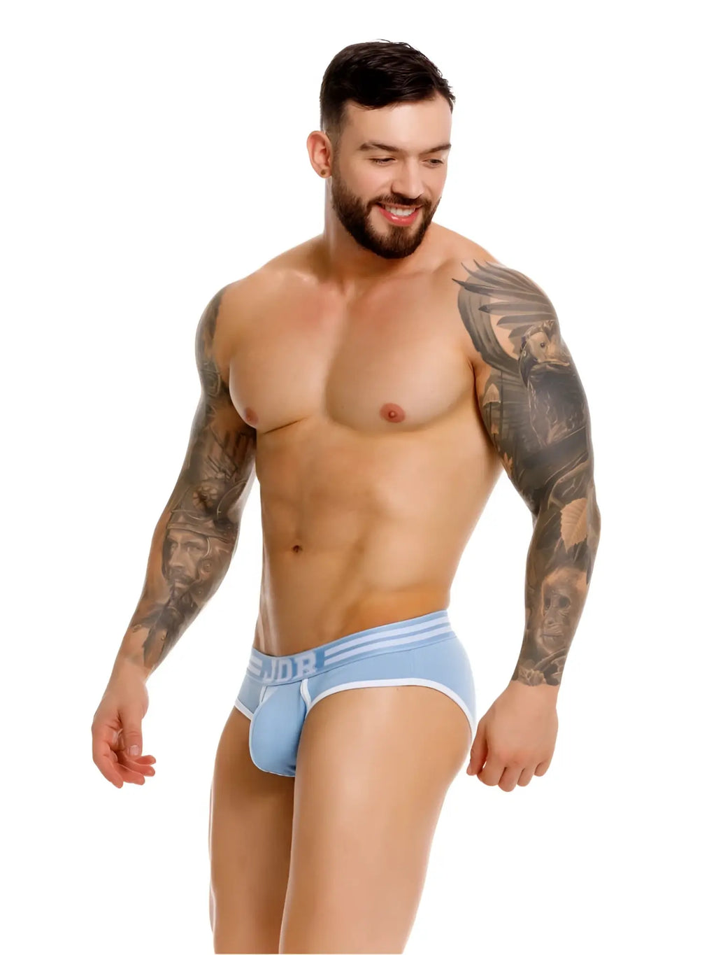 Light blue JOR 2321 college briefs with white trim and subtle logo on waistband for athletic comfort
