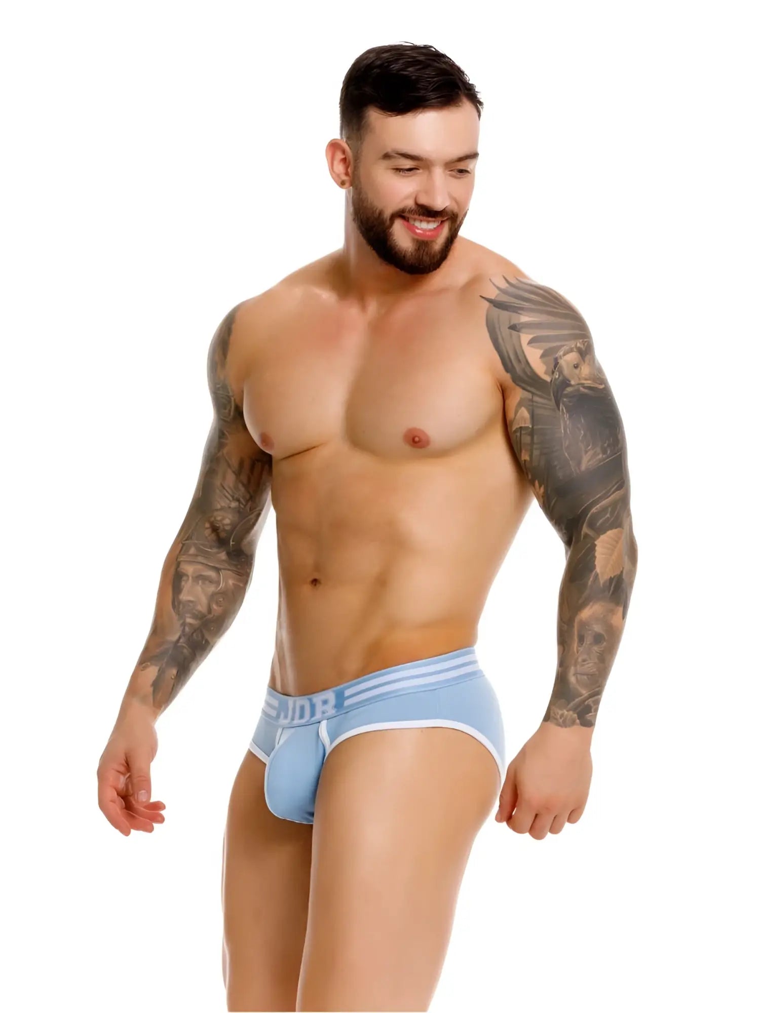Light blue JOR 2321 college briefs with white trim and subtle logo on waistband for athletic comfort