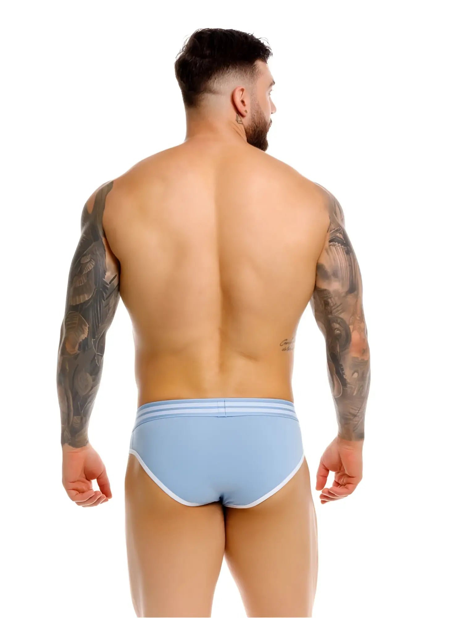 Jor 2321 college briefs in light blue with white trim and three horizontal stripes on the waistband