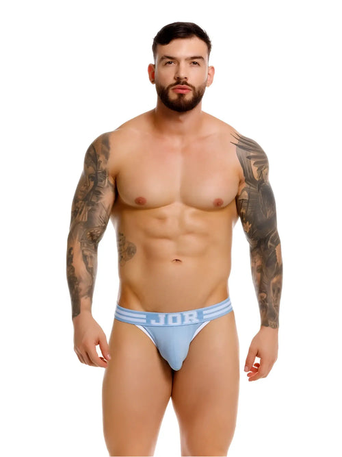 Light blue jor 2323 college briefs with white stripes and bold logo waistband showing front view