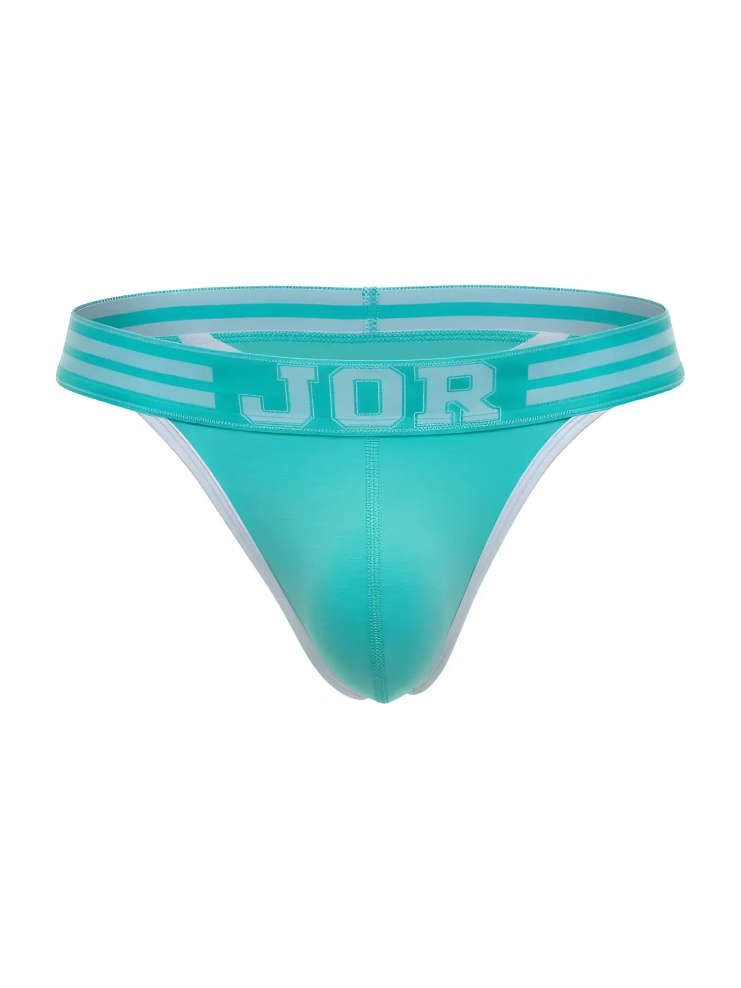 Teal JOR 2323 College thong with white trim and bold waistband lettering showing front view in mint color