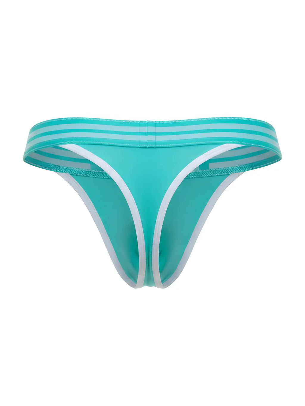 A turquoise jor 2323 college thong with white trim and striped waistband in mint color visible from the front
