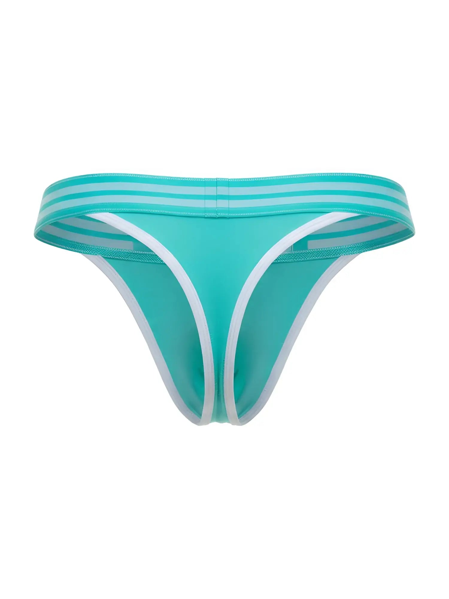 A turquoise jor 2323 college thong with white trim and striped waistband in mint color visible from the front