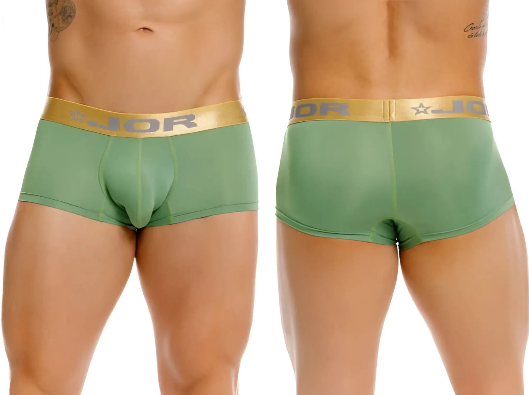 Green jor 2326 soho trunks briefs with gold waistband featuring jor logo and star emblem in green color