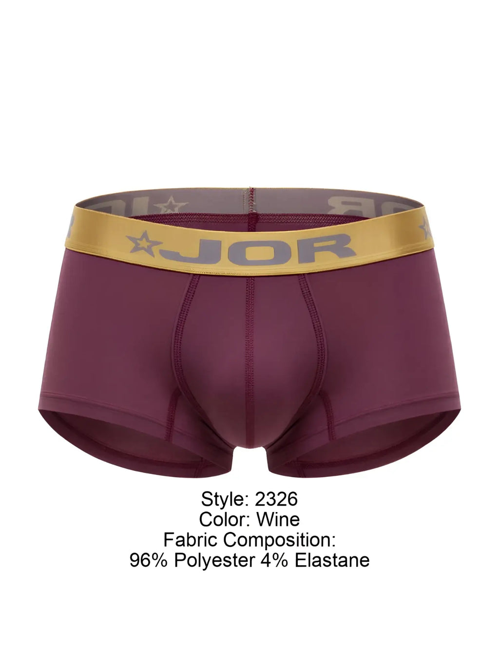 Wine-colored JOR 2326 Soho trunks with gold elastic waistband featuring brand logo and star motifs men’s boxer briefs
