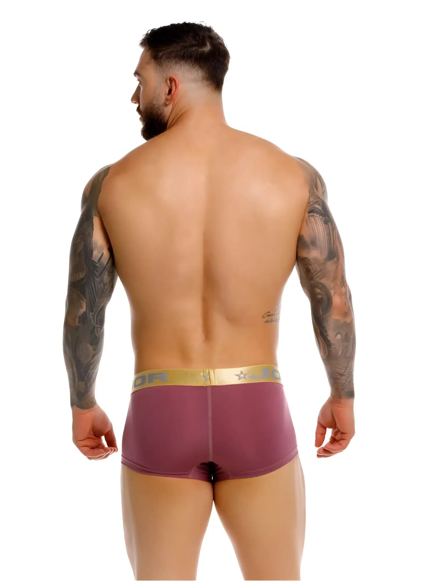 Maroon jor 2326 soho trunks boxer briefs with gold elastic waistband featuring brand logo for comfortable support