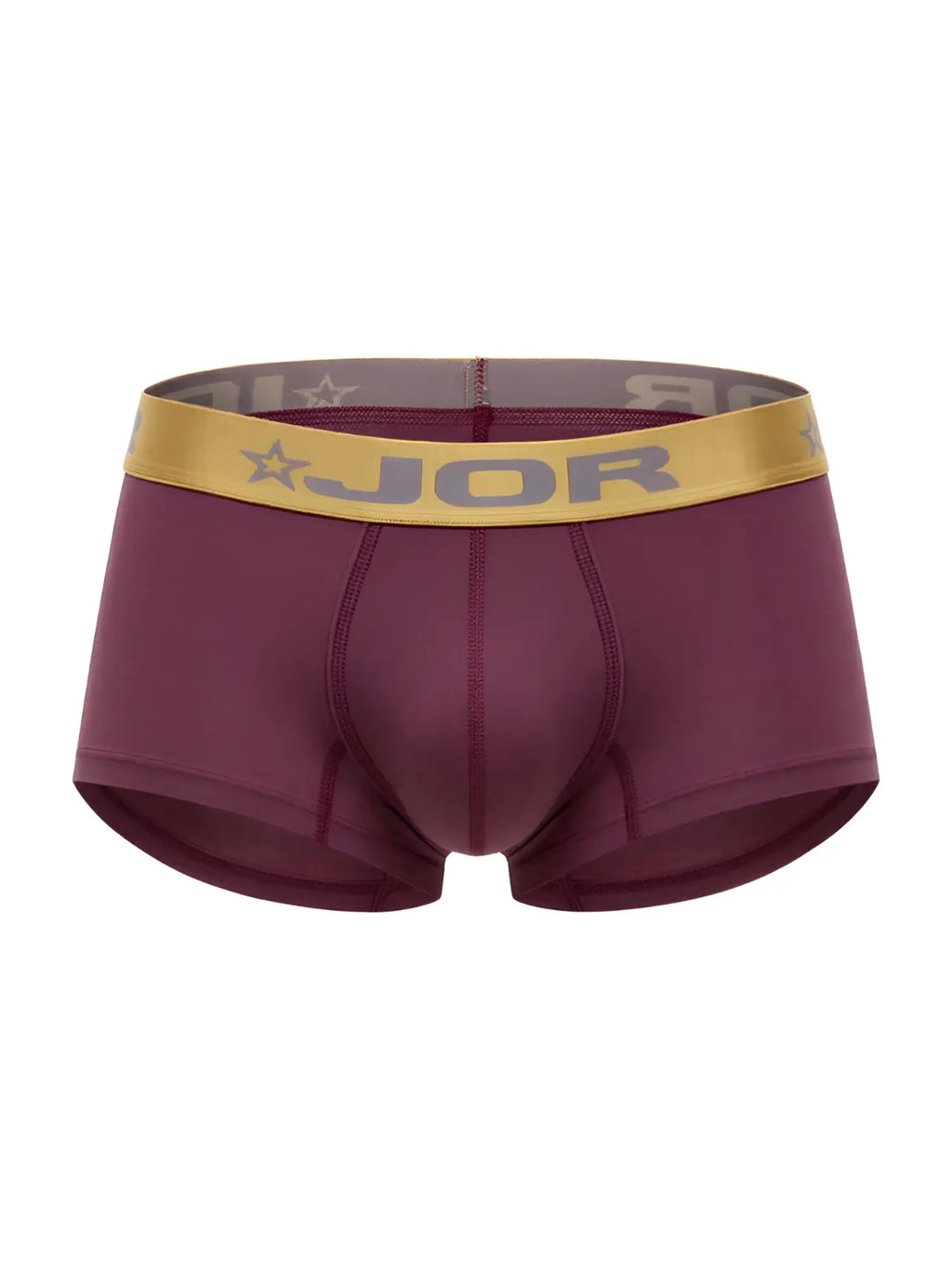 Maroon jor 2326 soho trunks boxer briefs with gold waistband featuring brand name and star logo