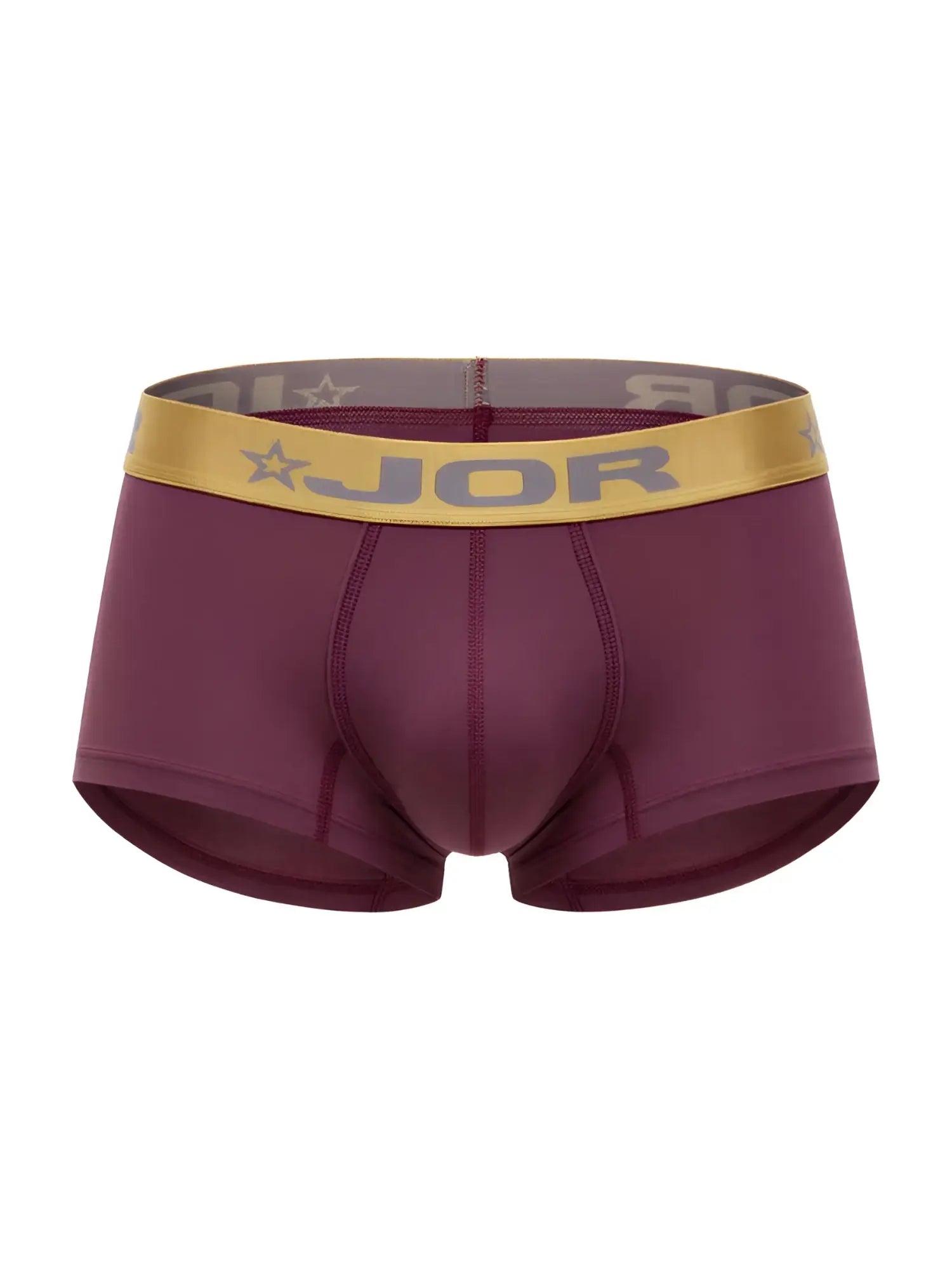 Maroon jor 2326 soho trunks boxer briefs with gold waistband featuring brand name and star logo