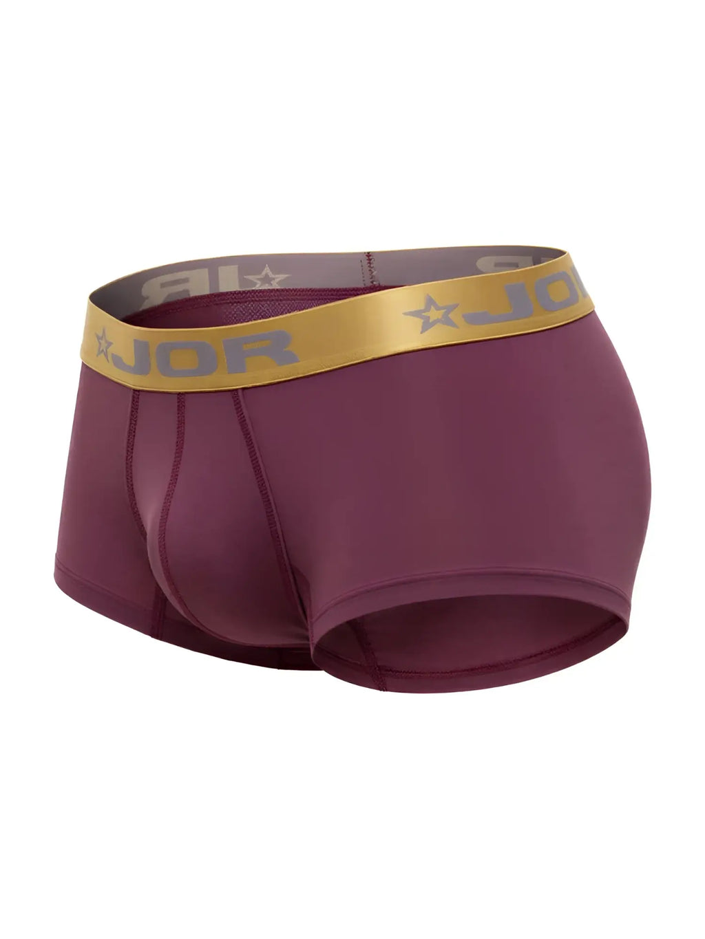 Maroon jor 2326 soho trunks men’s briefs with gold waistband featuring brand logo and star motifs
