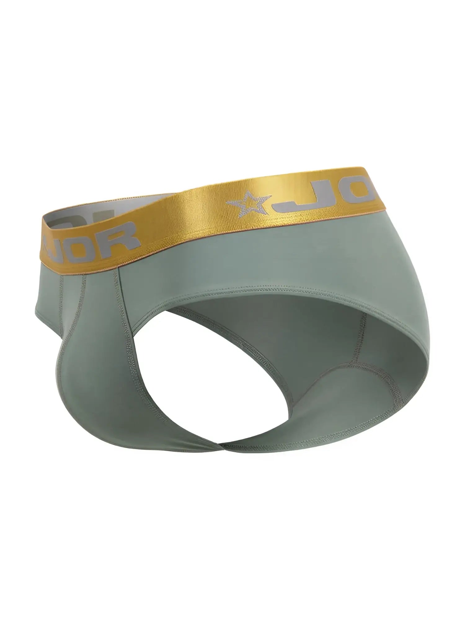 Jor 2327 Soho briefs in light green with a shiny gold waistband featuring the logo and star emblem