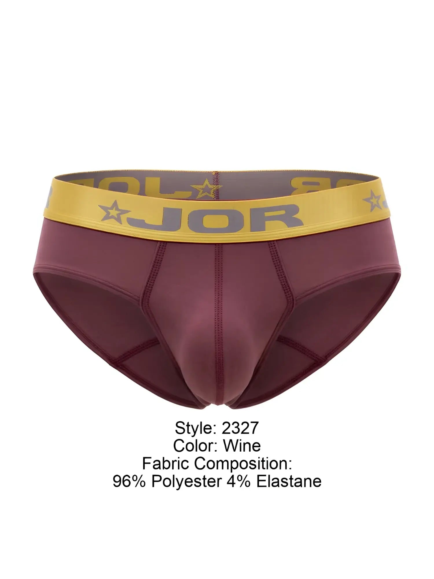 Wine-colored jor 2327 Soho briefs with a yellow waistband featuring star motifs and the jor brand name