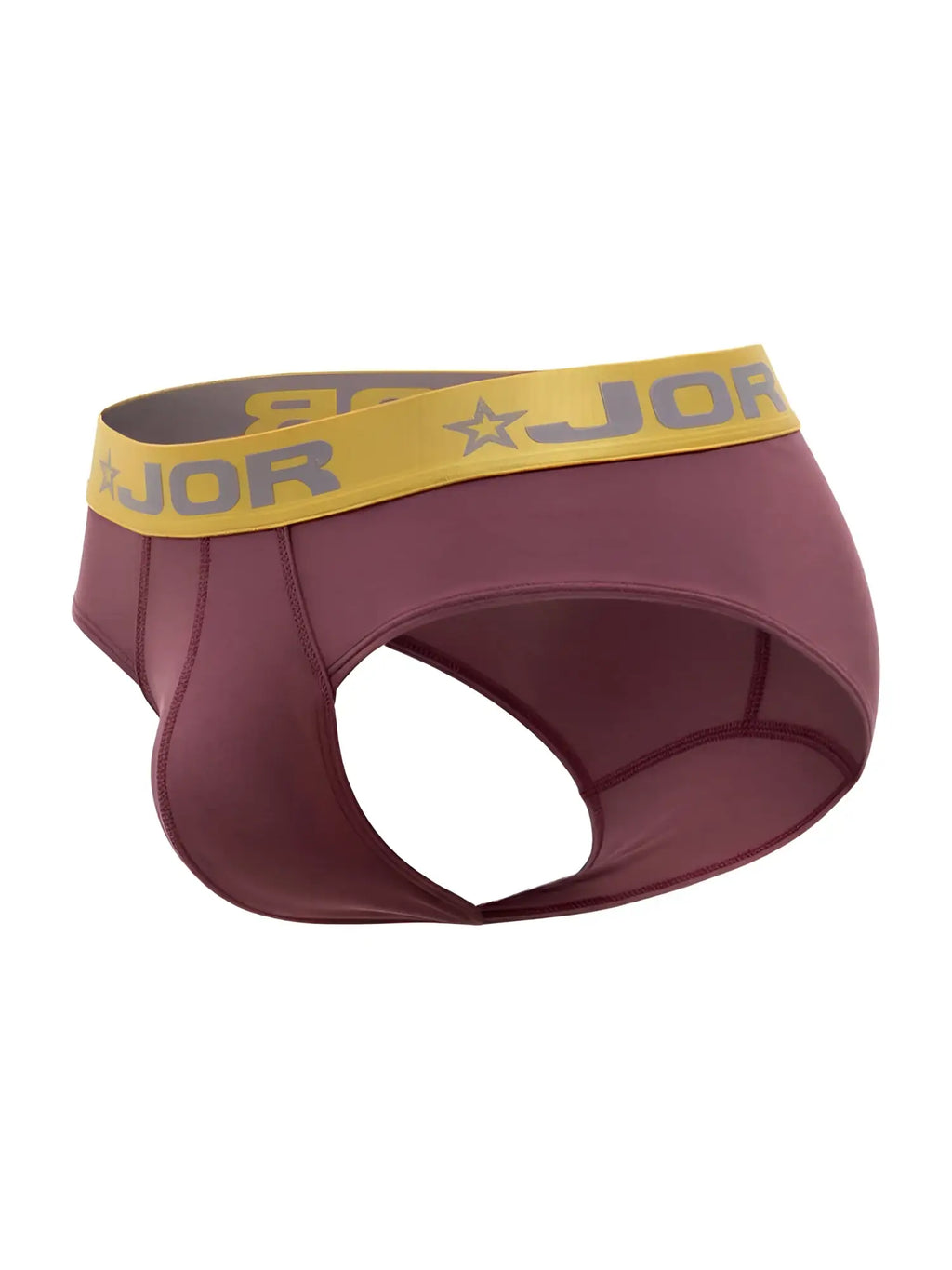 Maroon jor 2327 soho briefs with yellow waistband featuring gray lettering and star logo for comfortable wear