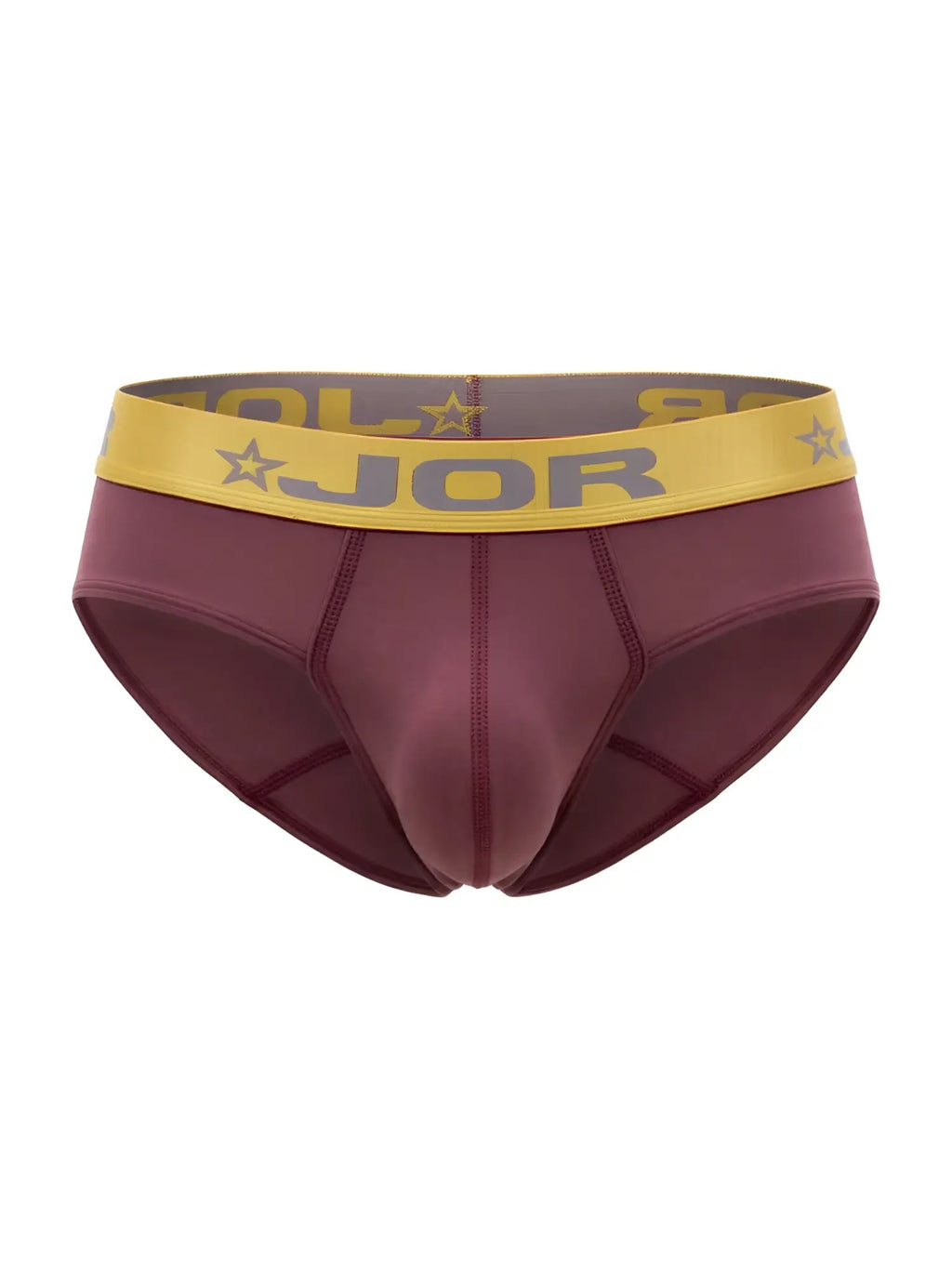Maroon jor 2327 Soho briefs for men with yellow waistband gray lettering and star motifs in color wine