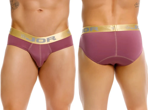 Purple jor 2327 soho briefs with gold elastic waistband featuring jor brand logo in wine color
