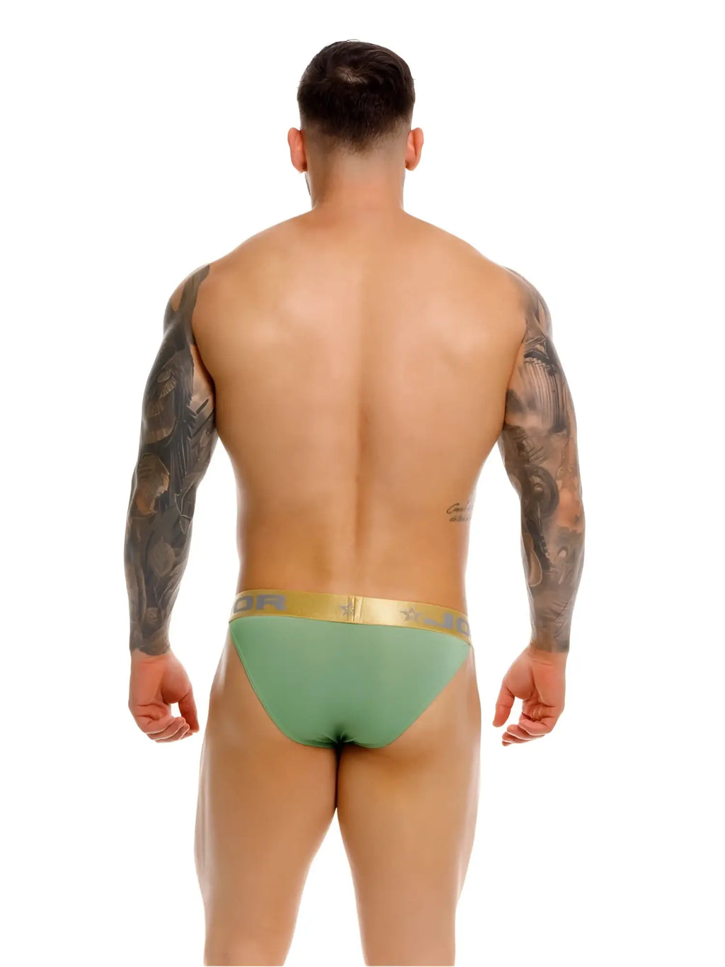 Green jor 2328 soho bikini briefs with gold waistband featuring brand logo in athletic fabric