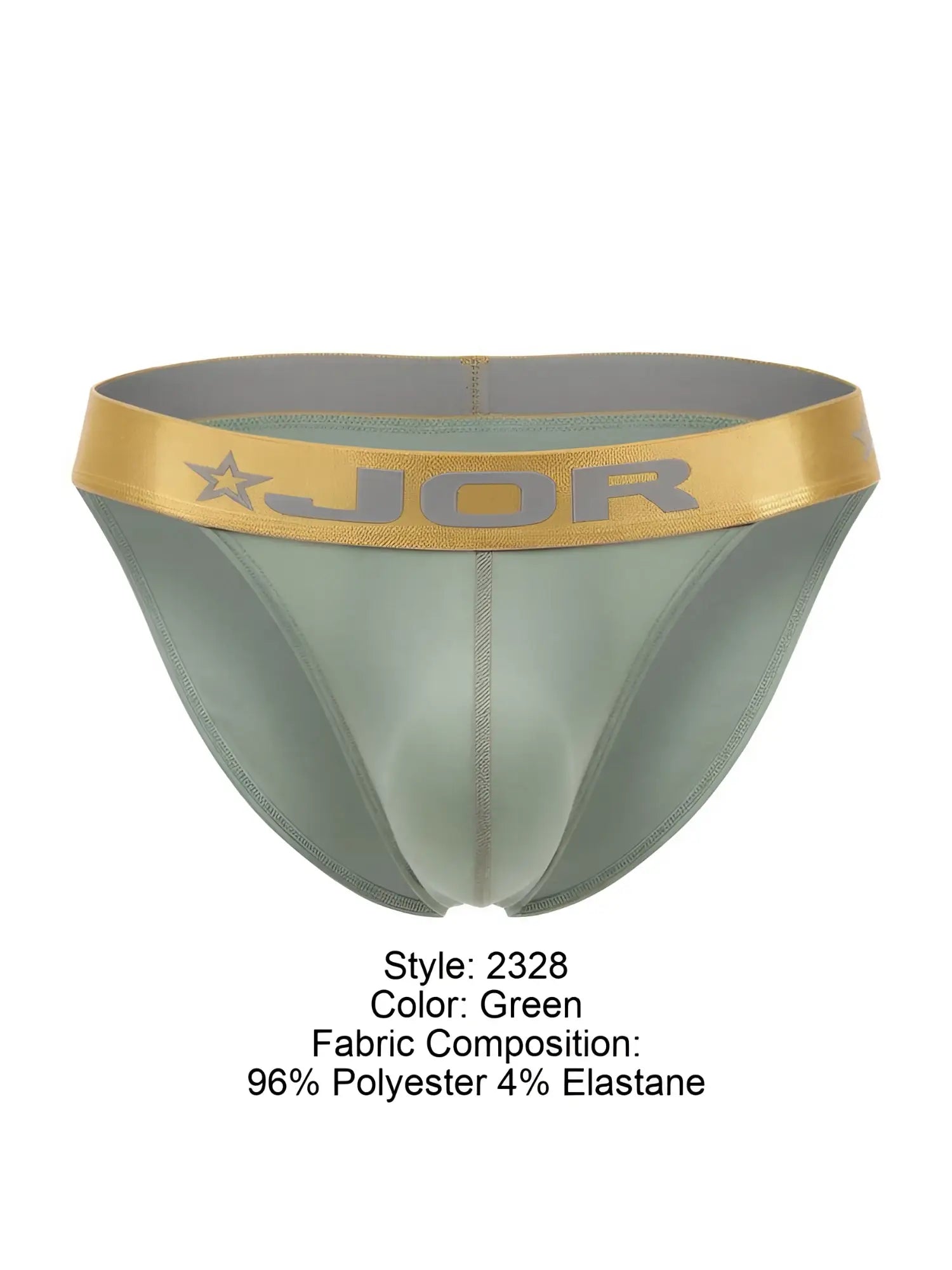 Green jor 2328 Soho bikini briefs with gold waistband featuring jor logo and star emblem in front view