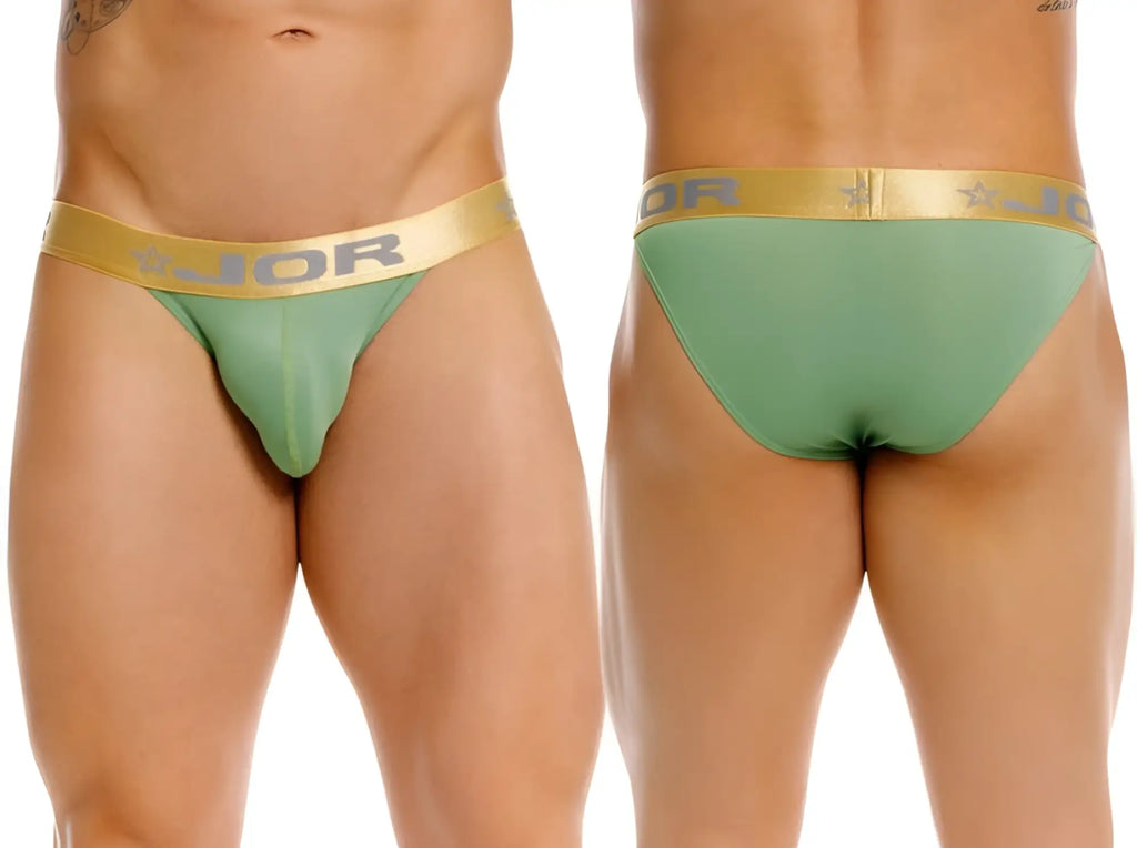 Green jor 2328 soho bikini briefs with a gold waistband featuring the jor logo and star design
