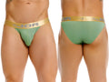Green jor 2328 soho bikini briefs with a gold waistband featuring the jor logo and star design
