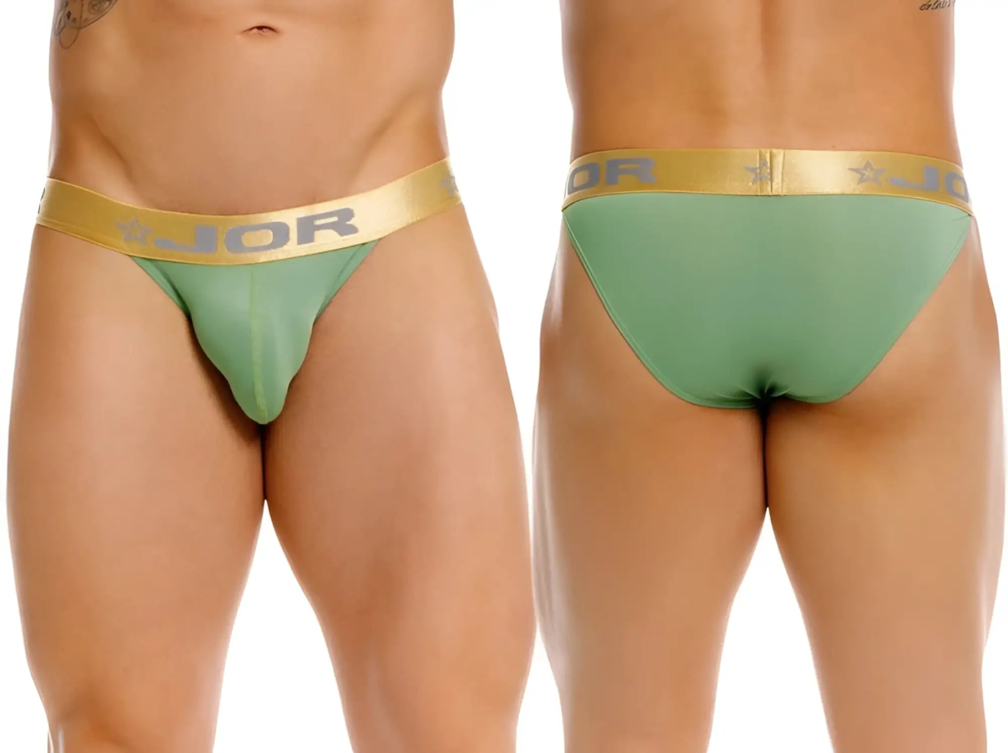 Green jor 2328 soho bikini briefs with a gold waistband featuring the jor logo and star design