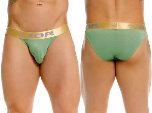 Green jor 2328 soho bikini briefs with a gold waistband featuring the jor logo and star design