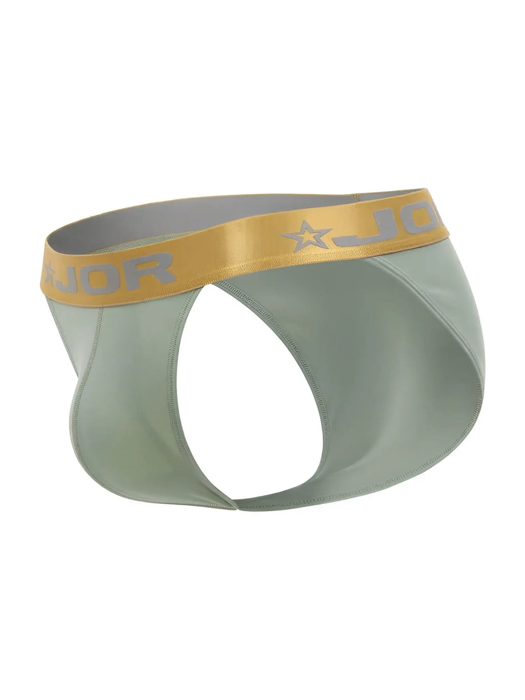 Men’s light green soho bikini briefs with gold elastic waistband featuring jor brand logo and star emblem