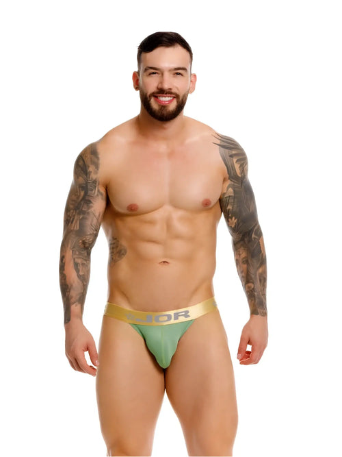 Mint green Dior Soho bikini briefs with gold waistband featuring branded design in lightweight fabric