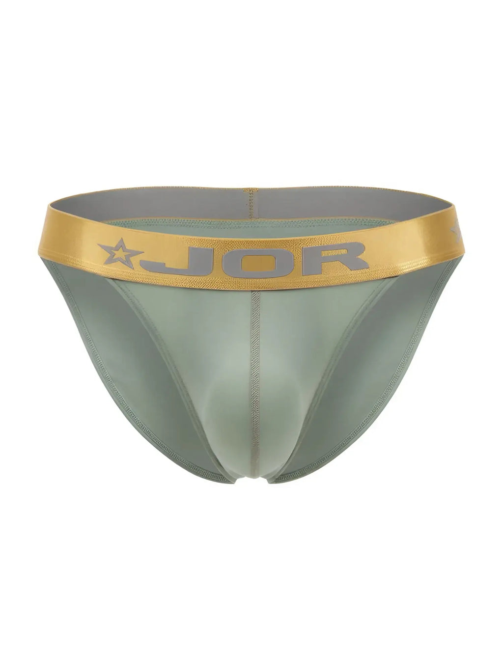 A sleek olive green jor 2328 soho bikini brief with gold waistband featuring brand logo and star emblem