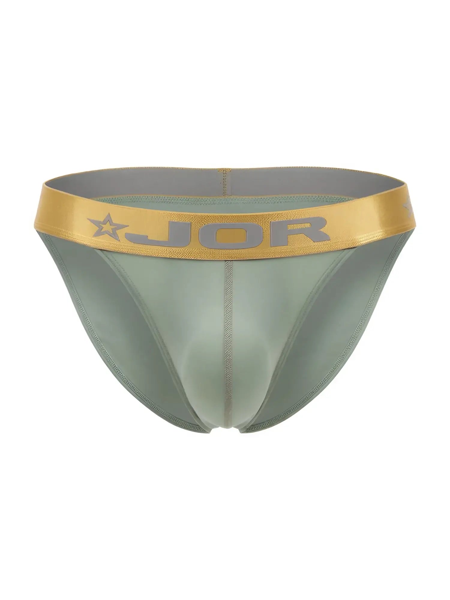 A sleek olive green jor 2328 soho bikini brief with gold waistband featuring brand logo and star emblem