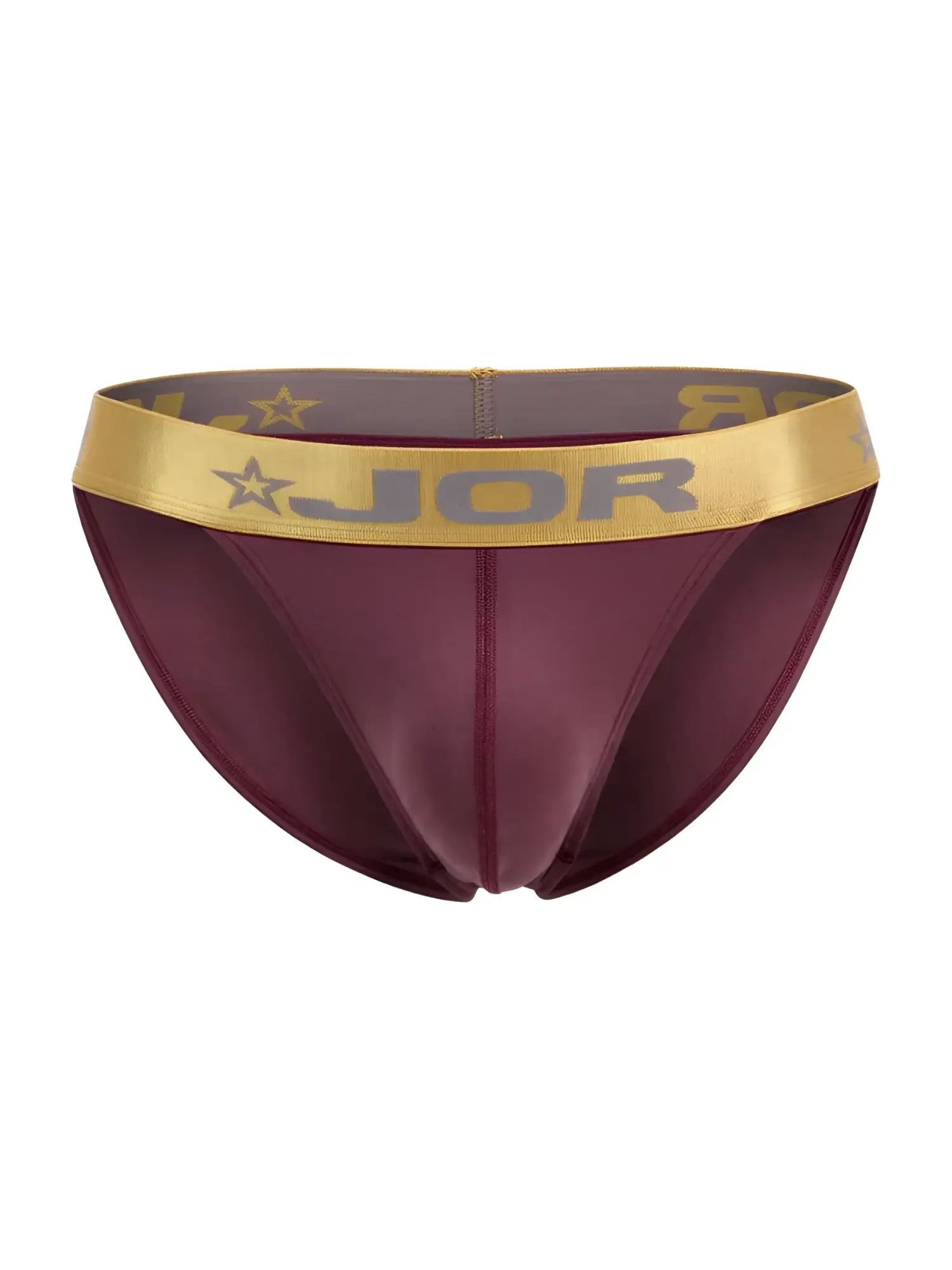 Maroon JOR 2328 Soho Bikini briefs with a gold waistband featuring logo and star motifs in wine color