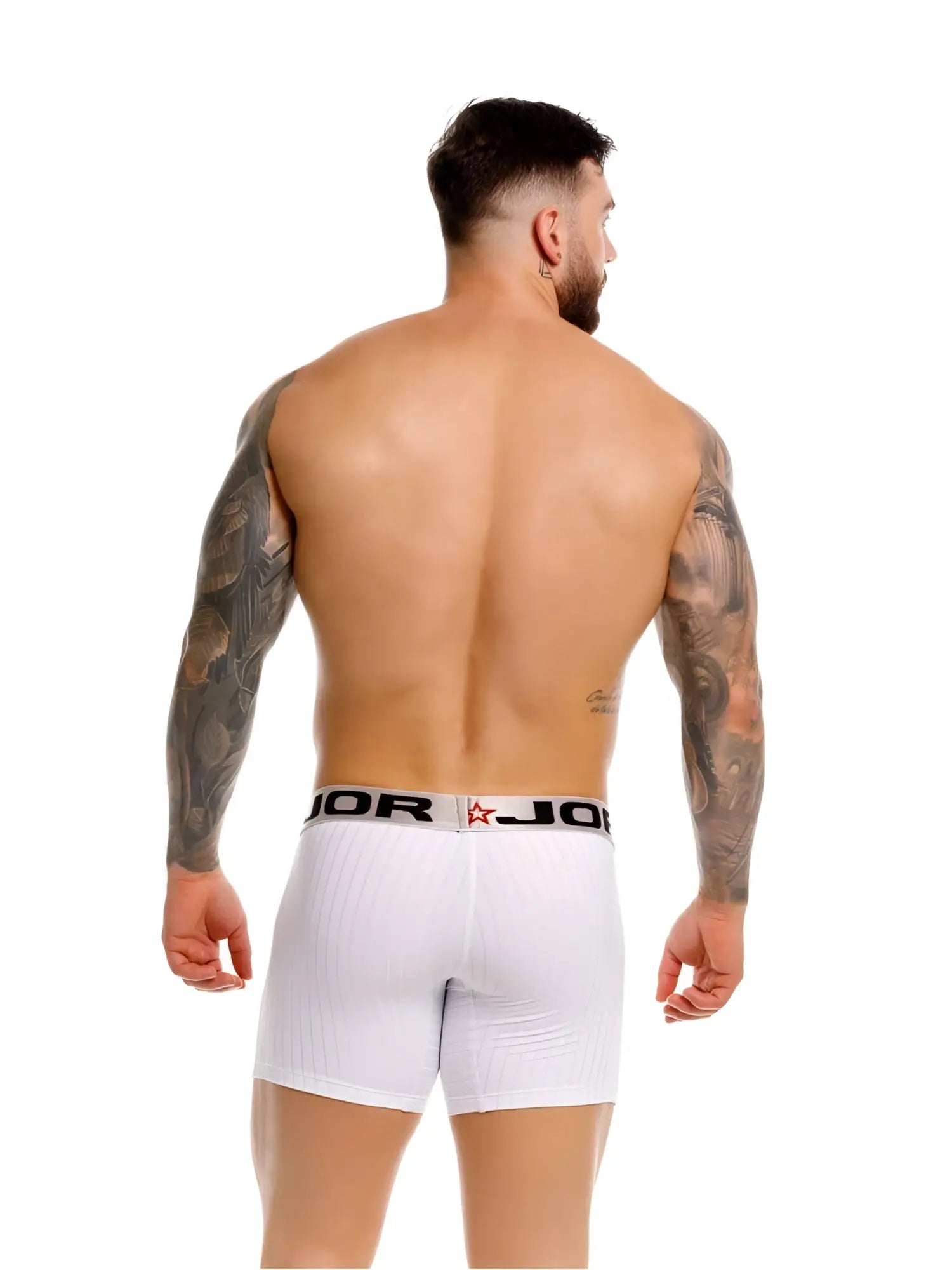 White jor 2329 cronos boxer briefs with black waistband featuring brand logo and red star in front view