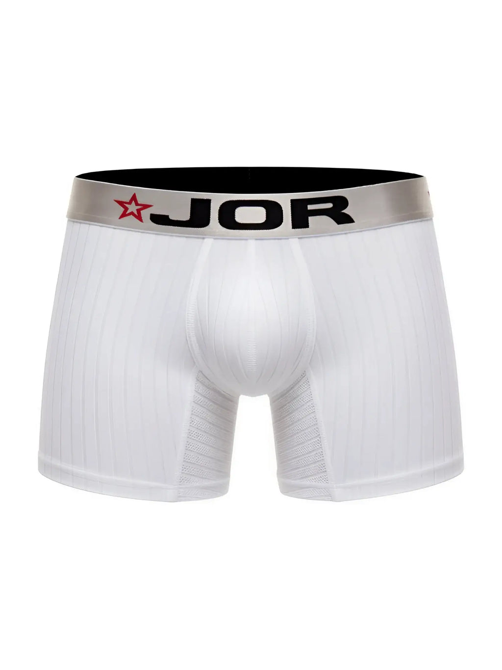 White jor 2329 cronos boxer briefs with silver waistband featuring brand logo and red star in front view
