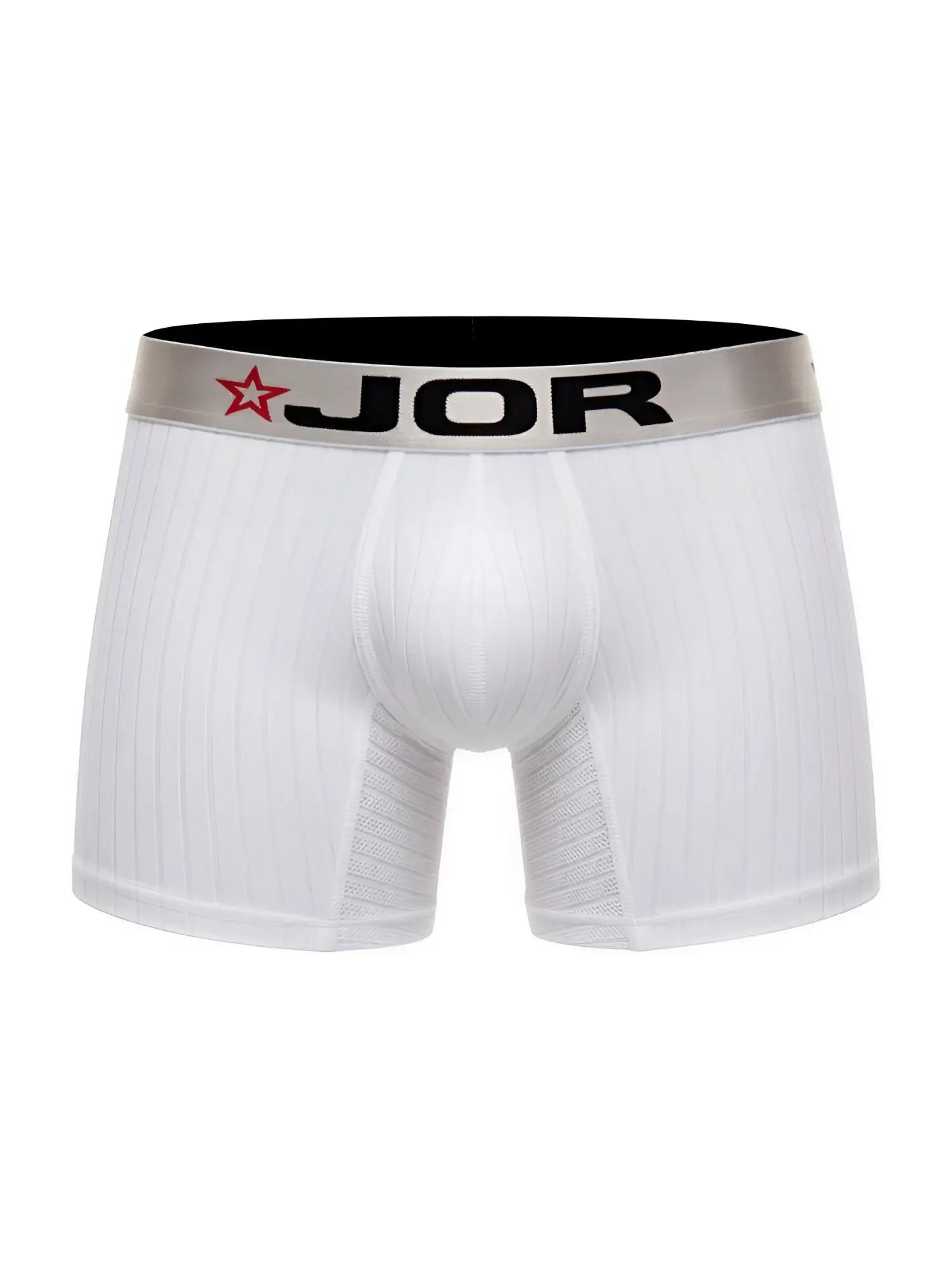 White jor 2329 cronos boxer briefs with silver waistband featuring brand logo and red star in front view