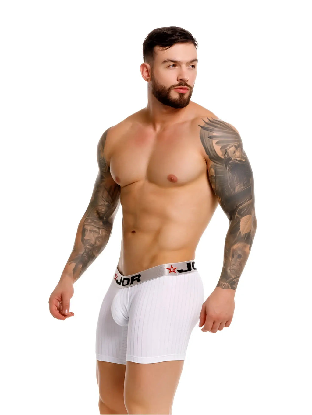 White ribbed jor 2329 cronos boxer briefs with gray waistband featuring jor logo and red star designed for comfort