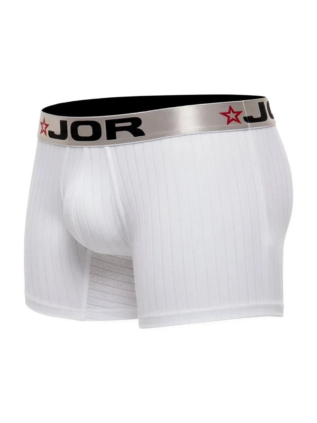 White ribbed jor 2329 cronos boxer briefs with silver waistband featuring jor logo and red star emblem