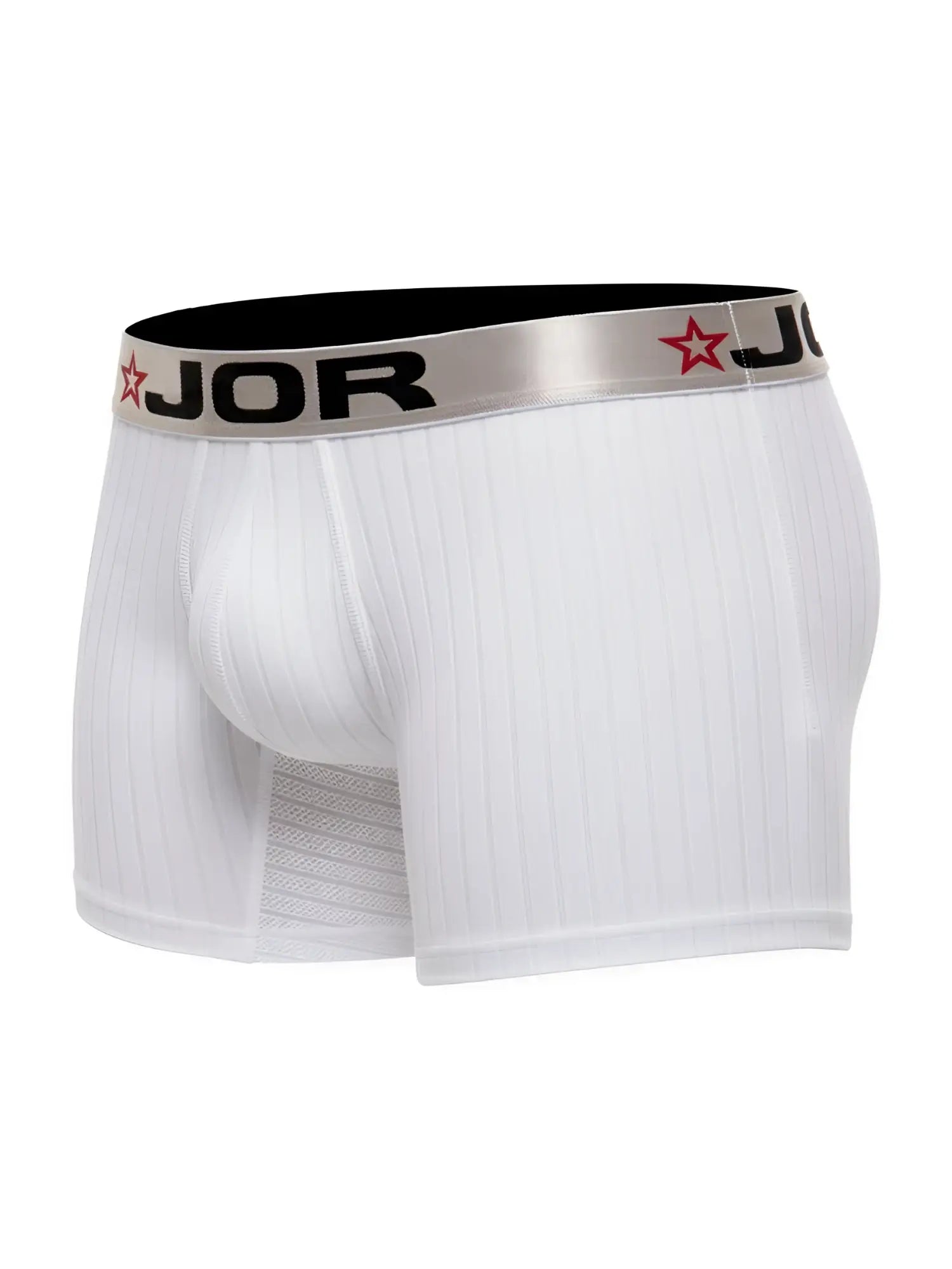 White ribbed jor 2329 cronos boxer briefs with silver waistband featuring jor logo and red star emblem
