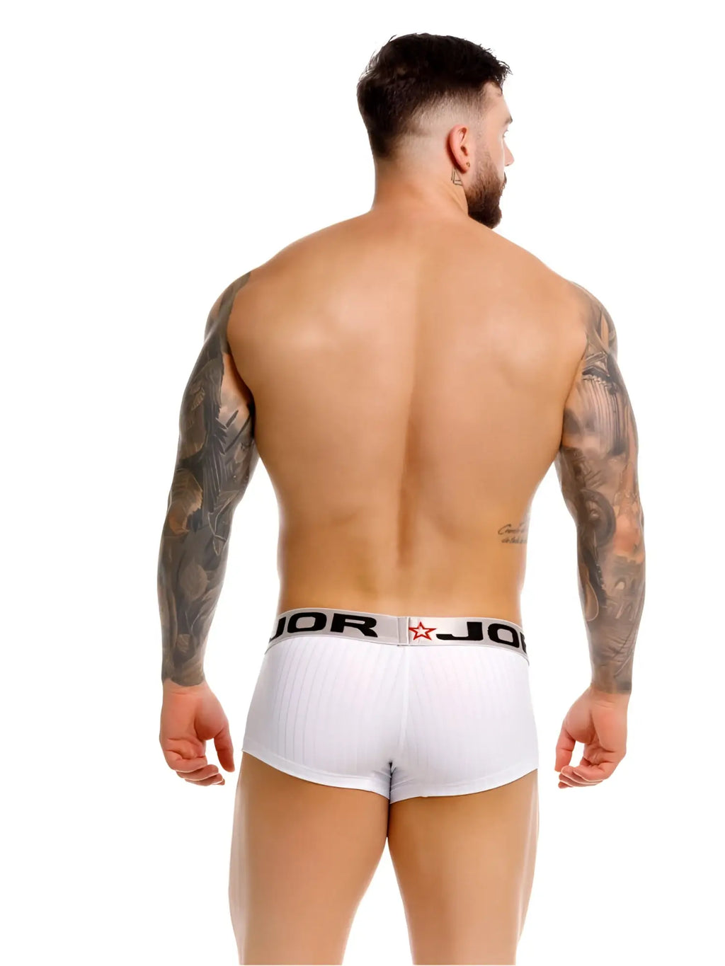 White jor 2330 cronos trunks briefs with black elastic waistband featuring the jor logo and red star emblem